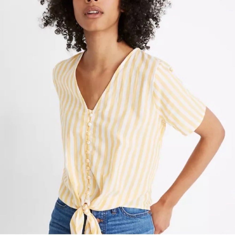 Madewell Yellow Stripe Tie Waist Blouse